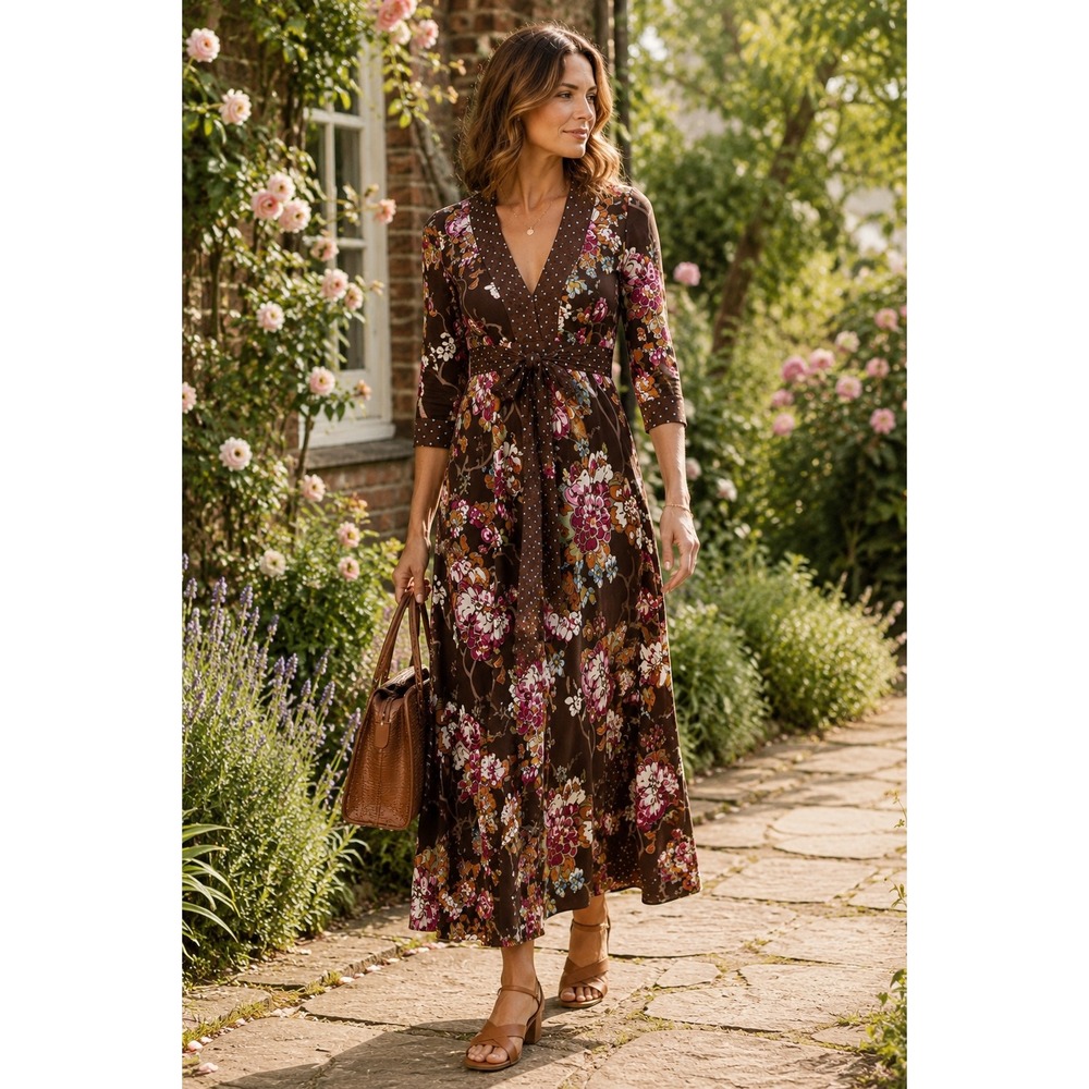 Boden Floral Maxi Dress Women 8 LONG Polka Dot Trim V-Neck Long Sleeve Brown